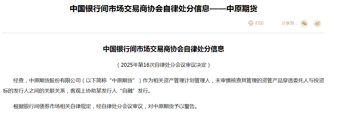 2025年中原期货被警告，因未审慎核查资管产品关联关系